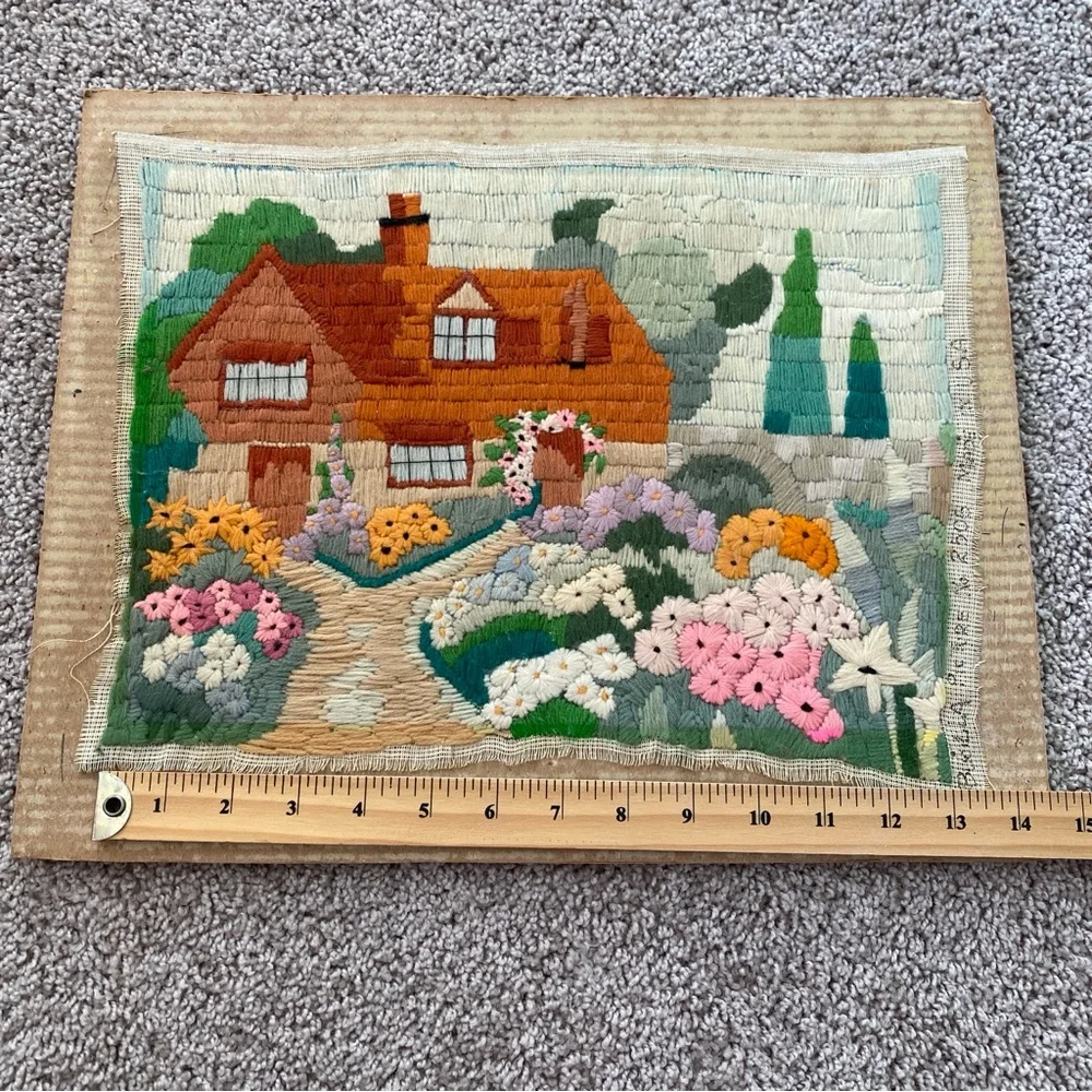 Vintage Handmade Cottage-core Longstitch Wall Fibre Art No Frame 13”x10.5” - Picture 3 of 8